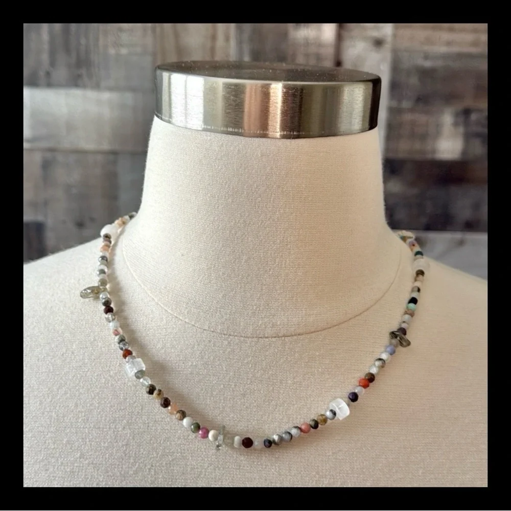 Handcrafted quartz tourmaline beaded gemstone necklace 22.5” boho chic festival